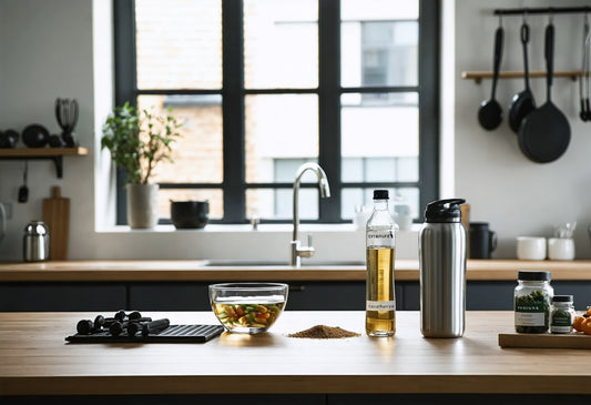 Balanced morning supplements and hydration essentials for daily performance in a calm, modern kitchen setting