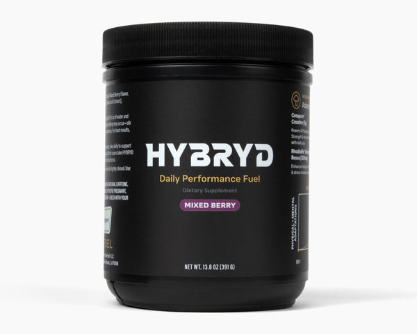 Black container of HYBRYD Daily Performance Fuel on a white background