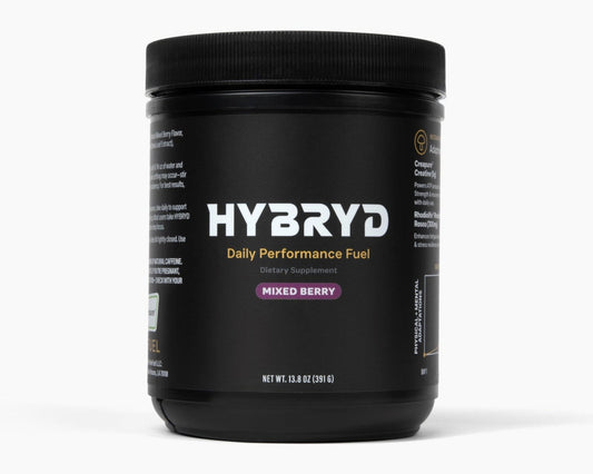 Black container of HYBRYD Daily Performance Fuel on a white background