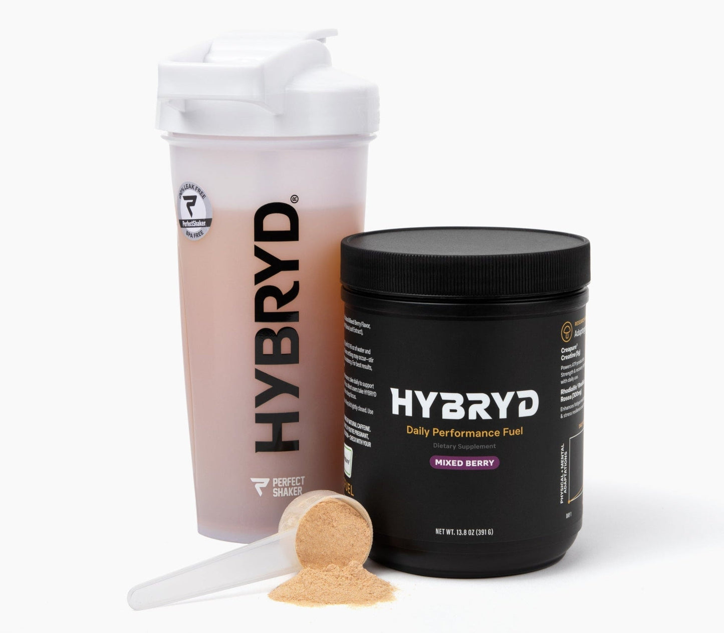 HYBRYD performance fuel container and shaker cup on a white background